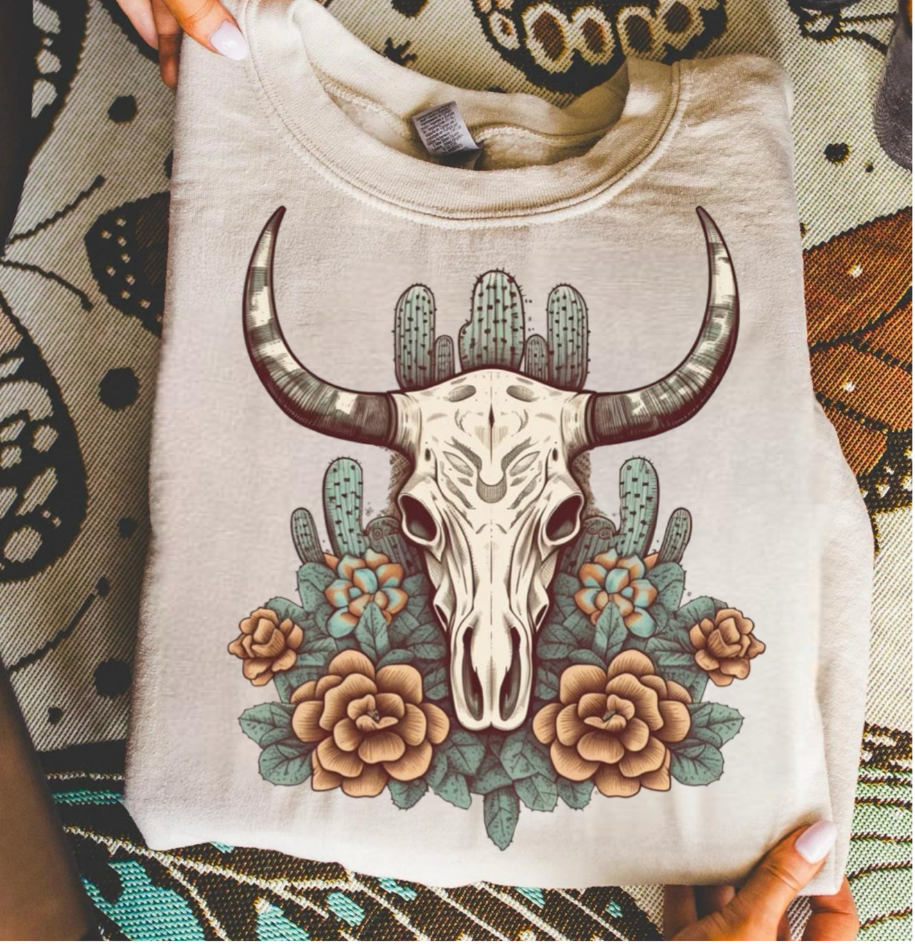 Bull Skull With Cactus & Flowers