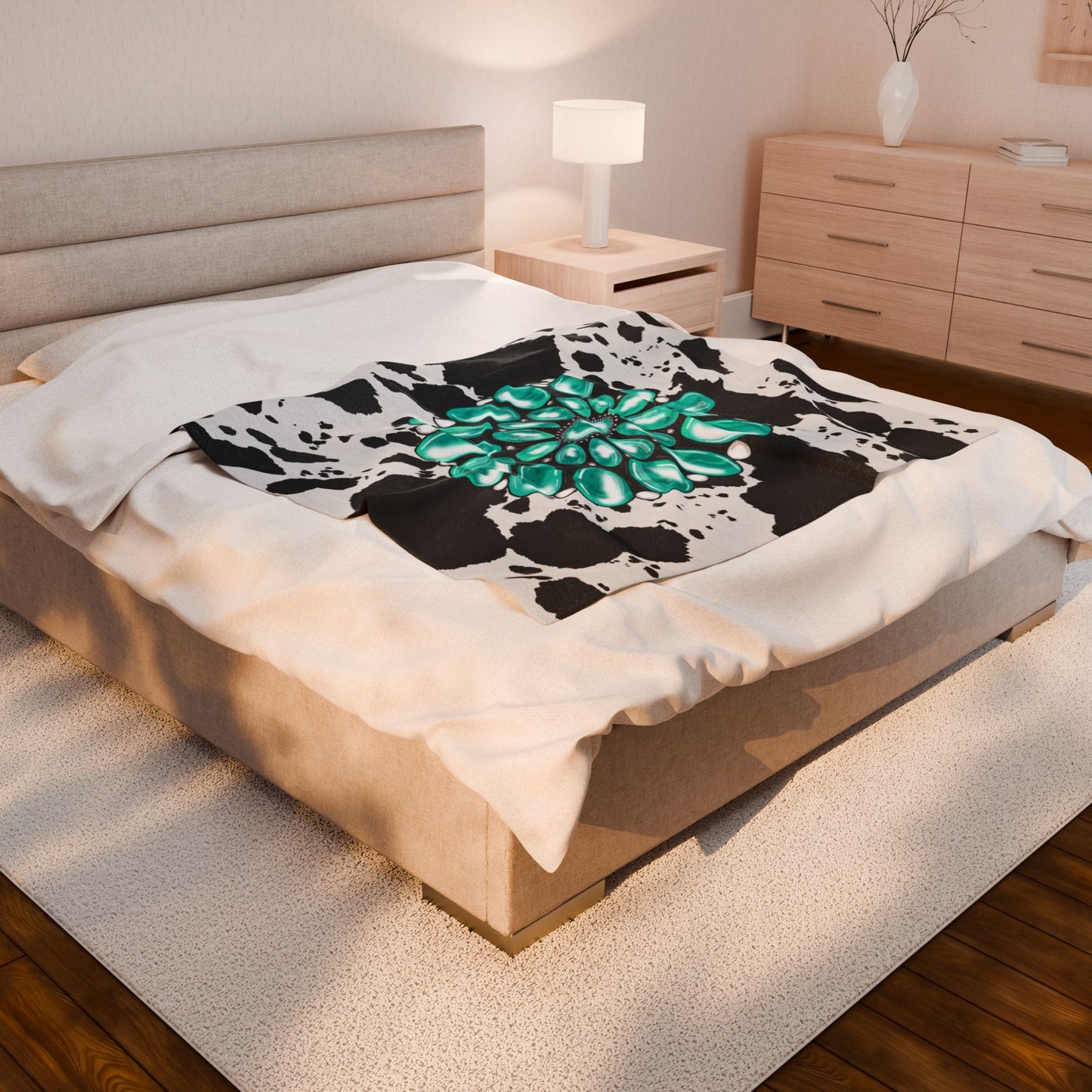 Western Velveteen Plush Blanket Cowhide Chic Turquoise Concho