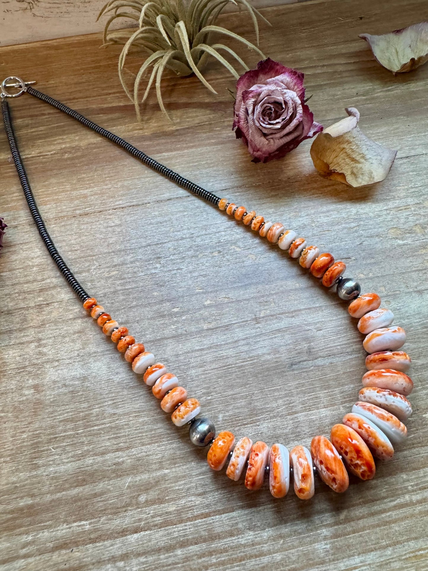 23 inch Graduated Orange Spiny Necklace with Sterling Silver Pearls