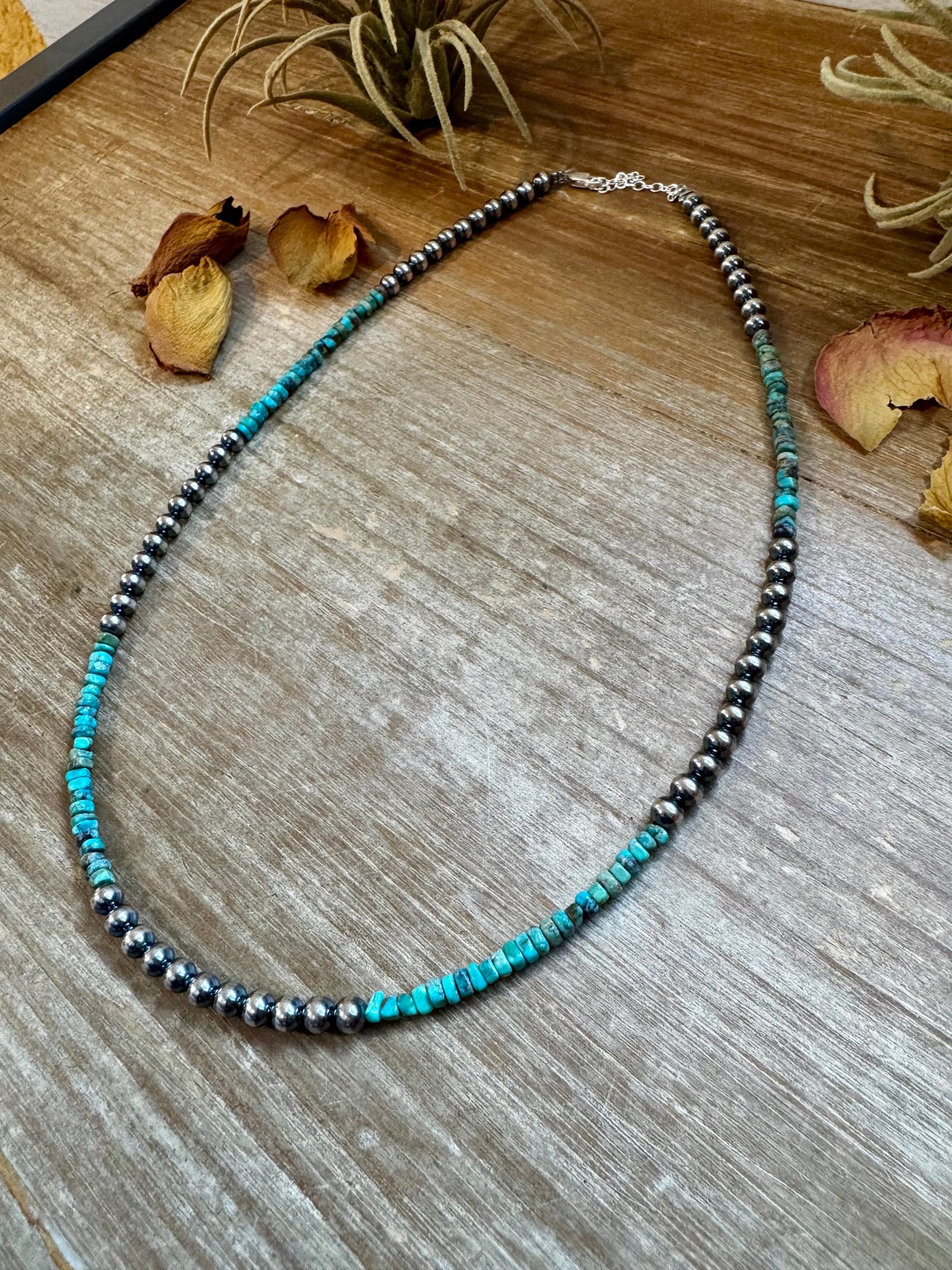 Sterling Silver Pearl & Heishi Turquoise Necklace – 19"
