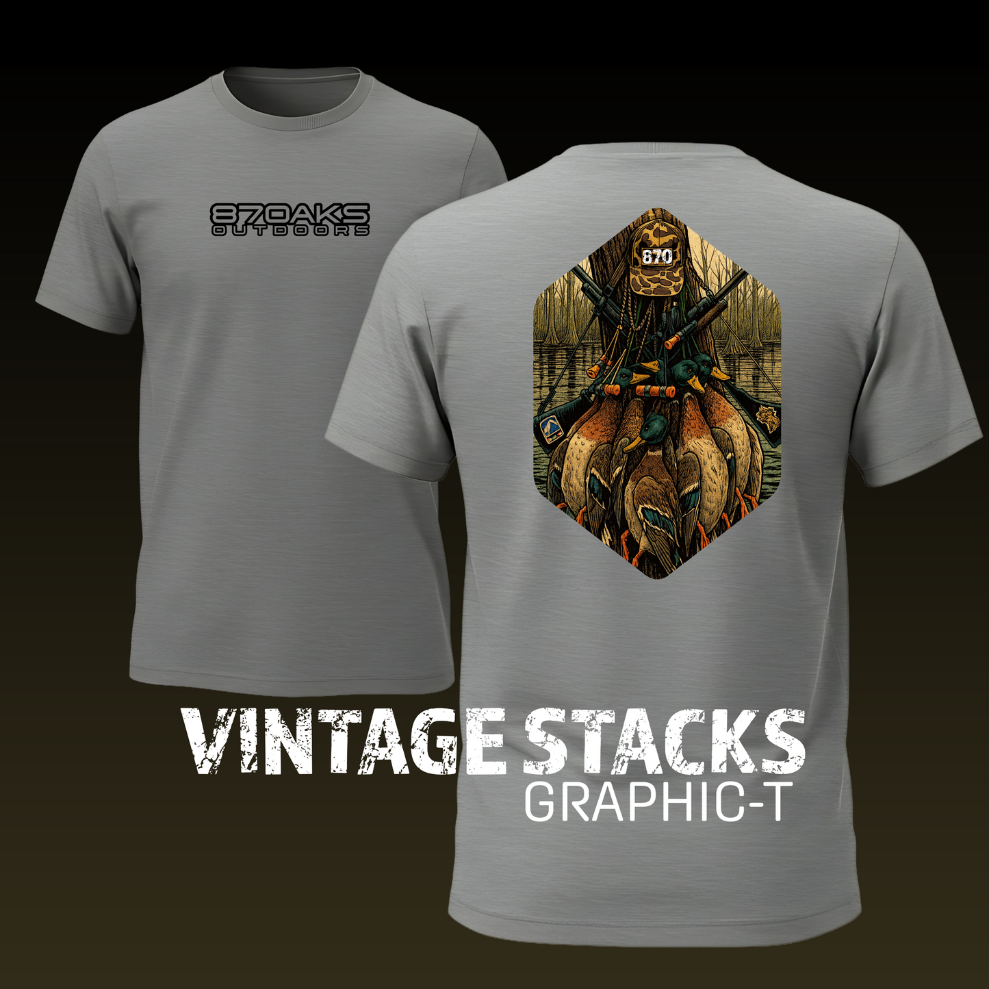 Vintage Stacks Duck Hunting Kids–Adult Gildan Sport Grey Shirt – Graphic Tee, Long Sleeve & Crewneck.