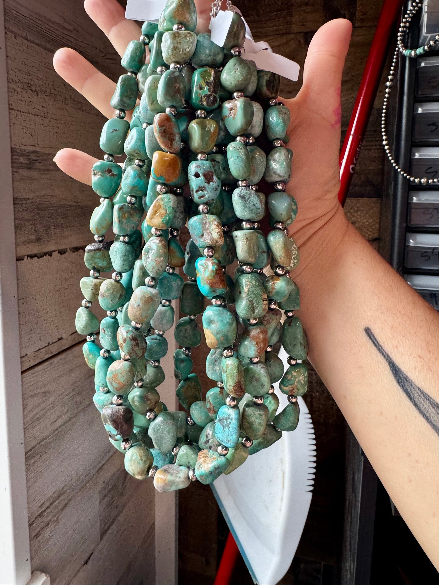 19-Inch Turquoise Nugget Necklace with 4mm Sterling Silver Pearls