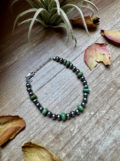 Sterling Silver Pearls with Green Turquoise Rondelles Bracelet