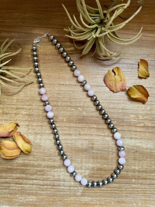 Faceted Kunzite & Sterling Silver Necklace – 8 mm Pearls – 20 Inch