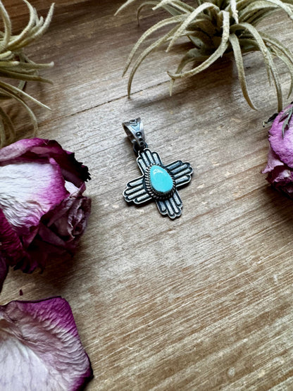 Zia Symbol Pendant with Golden Hill Turquoise – Sterling Silver – Native Made by K. Billah – Fits 8mm