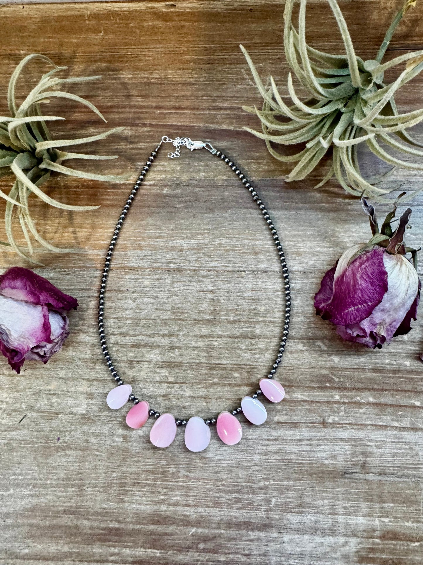 14" Pink Conch Petal Choker – 3mm Sterling Silver Pearls
