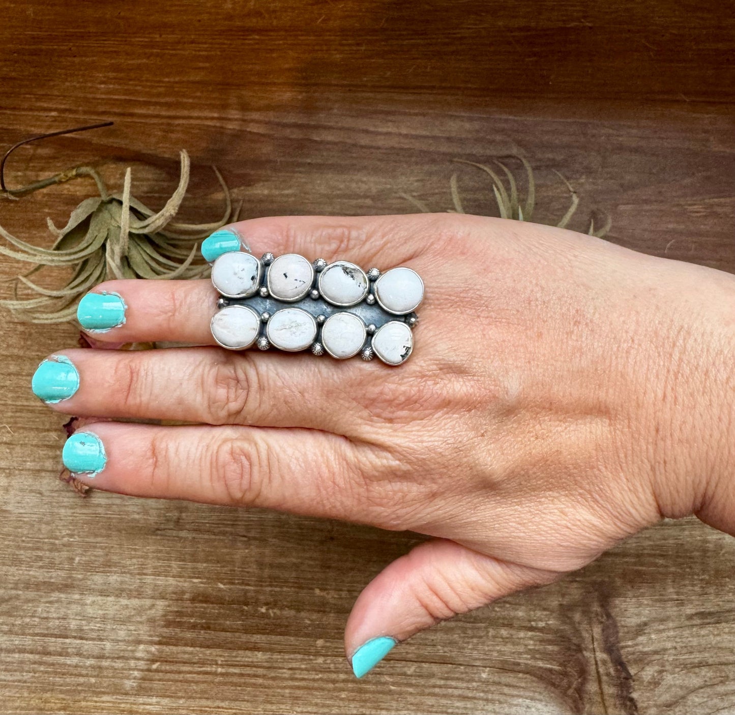 White Buffalo Turquoise Ring – 8-Stone Adjustable Long Statement Ring