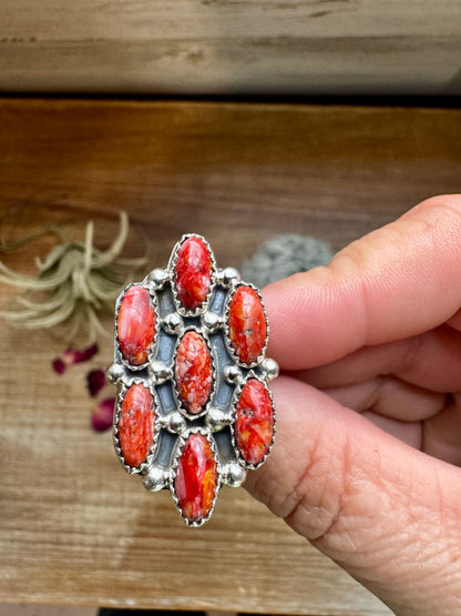 Cluster - size 8 - red spiny and sterling silver