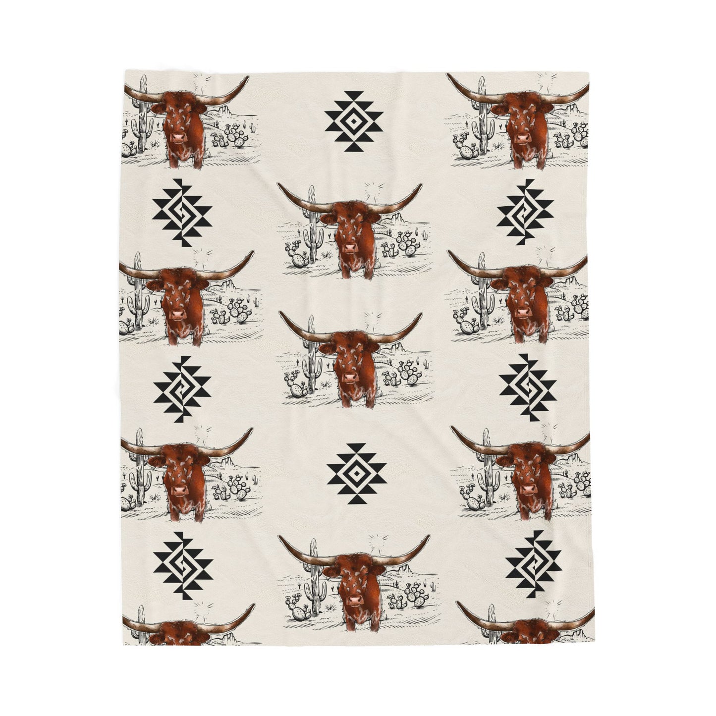 Longhorn Pattern Velveteen Plush Blanket – Southwestern Cow Skull Design