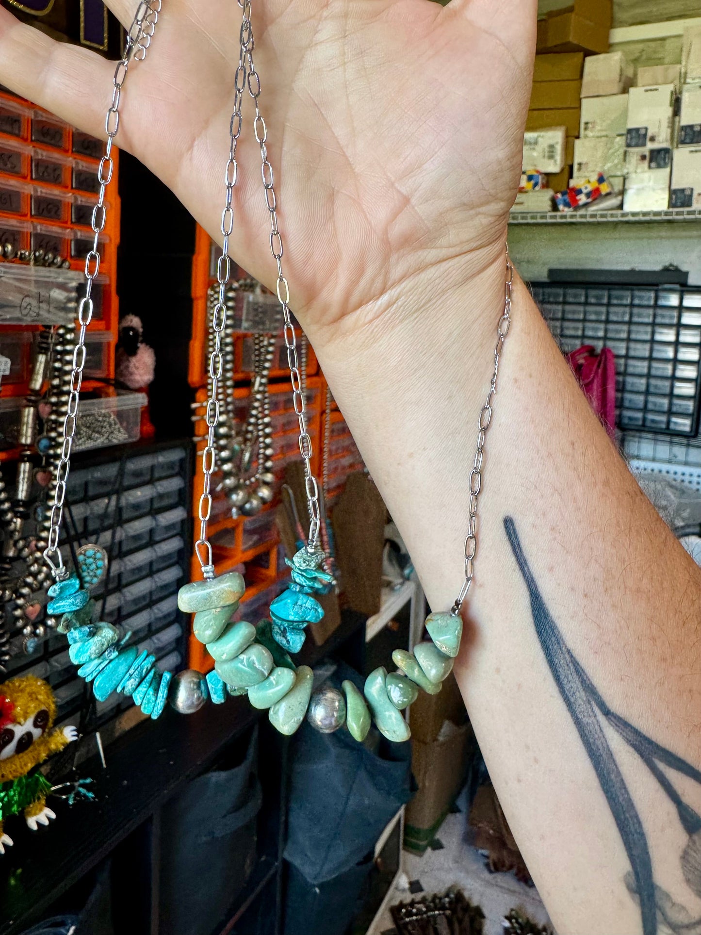 Green Turquoise Chip Necklace – Sterling Silver Pearl Accent – Paperclip Chain