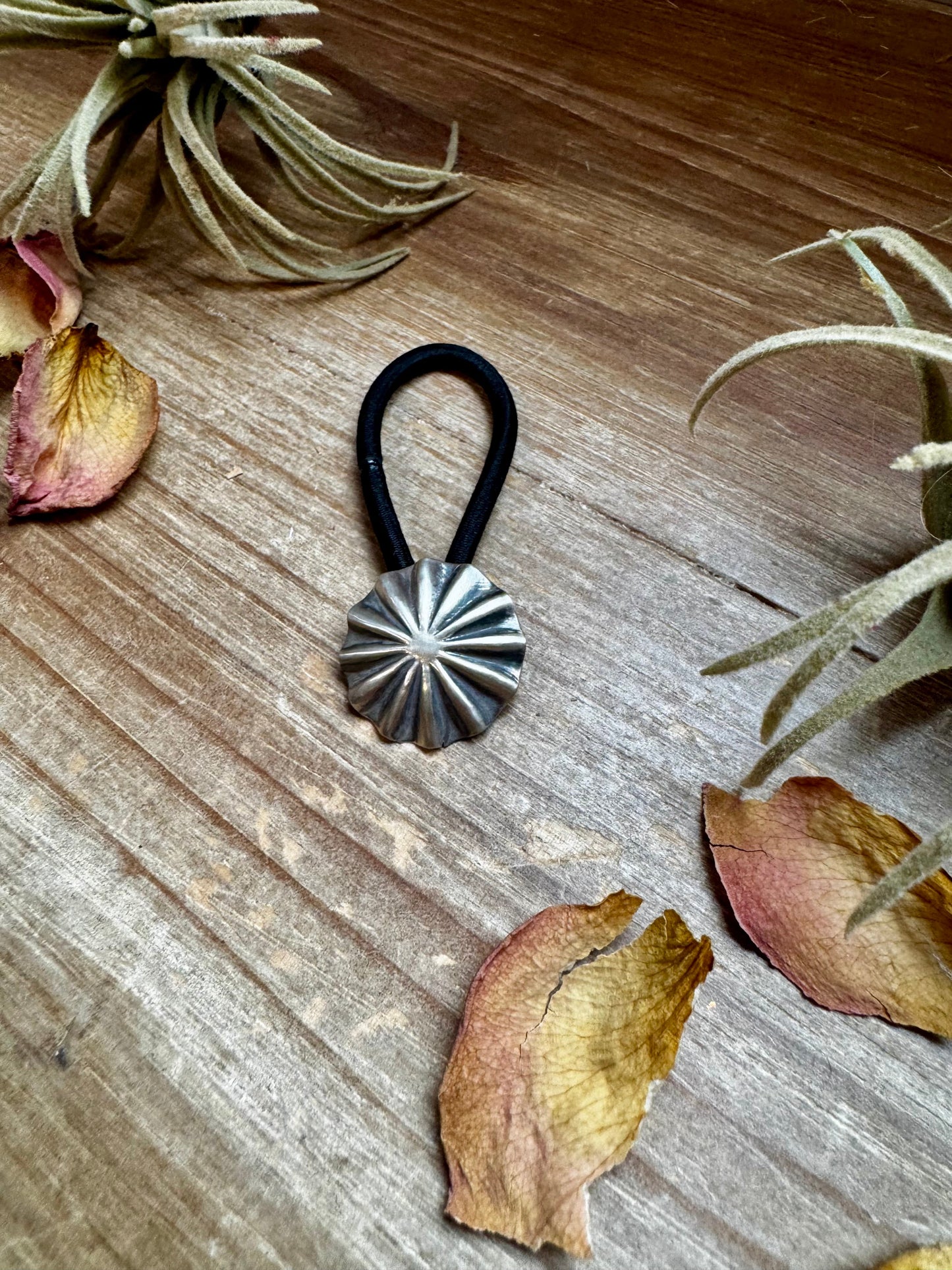 Sterling Silver Hair Tie – Small Stamped Concho