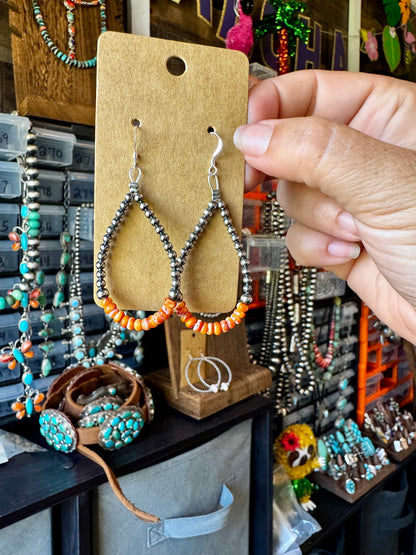 Teardrop Earrings – Sterling Silver Pearl & Orange Spiny Oyster