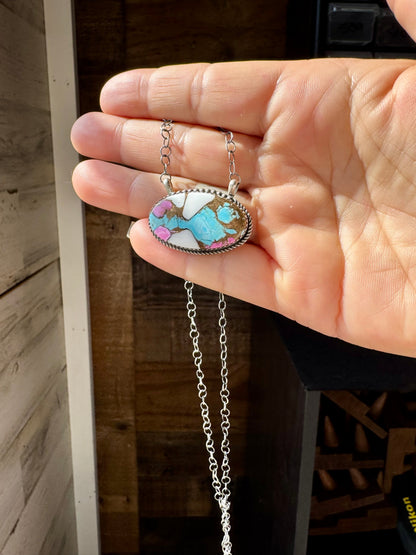Cotton Candy Turquoise Bar Necklace – Oval Shape – 18" Sterling Chain – Tia Long, Navajo Handmade