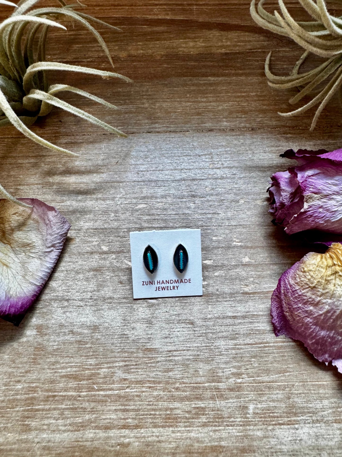 Mini Inlay Earrings – Kingman Turquoise – Sterling Silver – Zuni Made