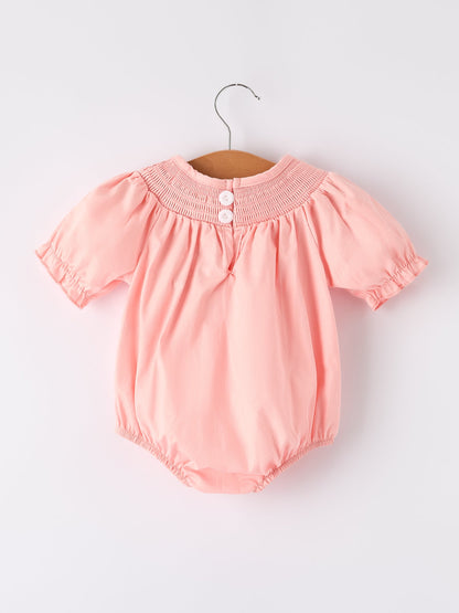 Girls Horse Smocking Embroidered Coral Romper