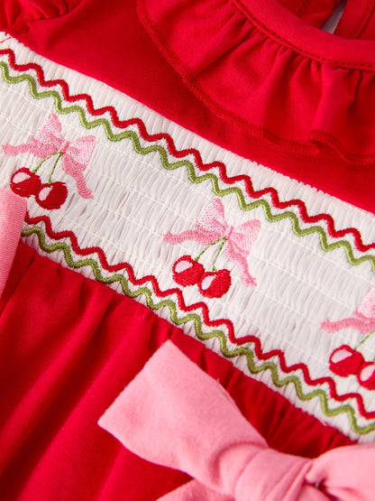 Red Cherry Bow Smocking Embroidery Girls' Romper