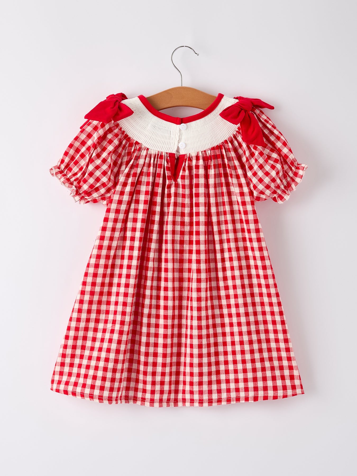 Red Cherry Bow Plaid Smocking Embroidery Girls'  Dress