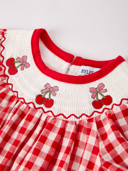 Red Cherry Bow Plaid Smocking Embroidery Girls' Romper