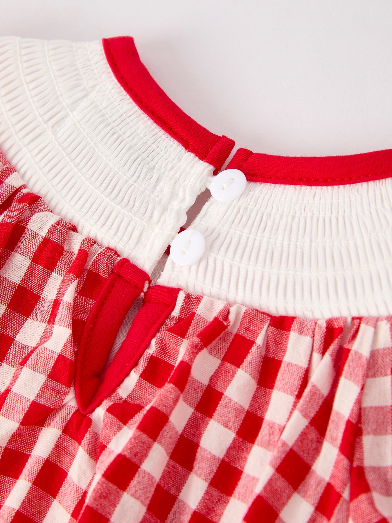 Red Cherry Bow Plaid Smocking Embroidery Girls' Romper