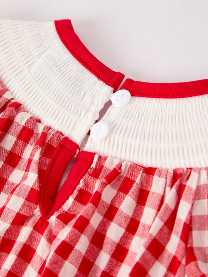 Red Cherry Bow Plaid Smocking Embroidery Girls' Romper