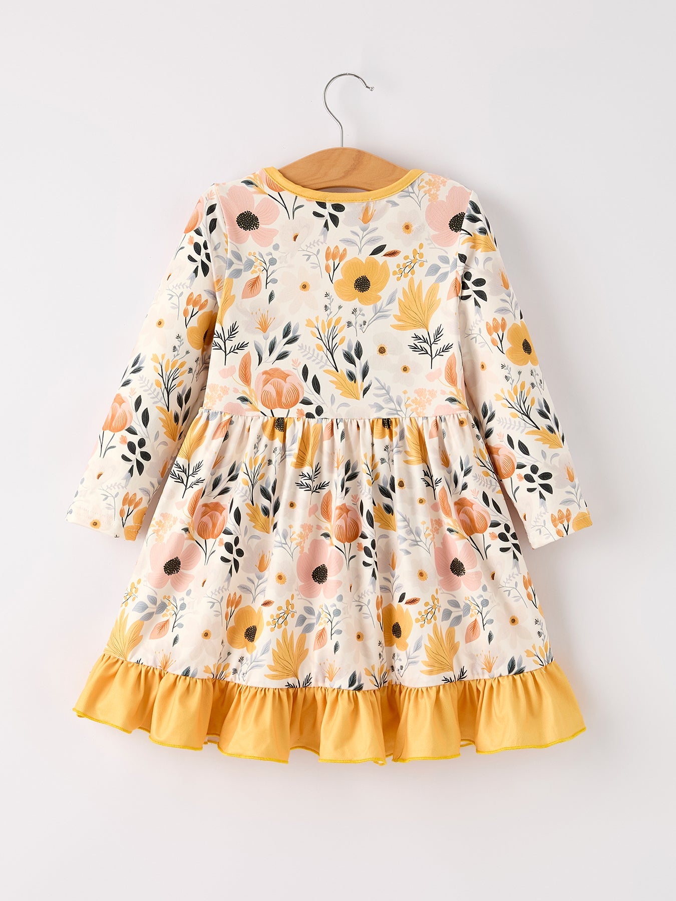Winter Floral Long Sleeve Ruffled Girls Dress