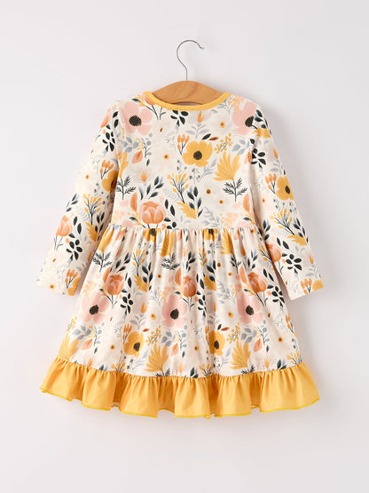 Winter Floral Long Sleeve Ruffled Girls Dress