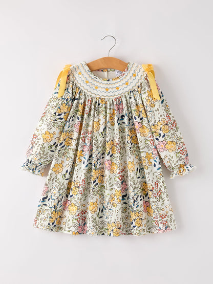 Fall  Embroidery Smocking Bow Floral Leaf Baby Girls Dress