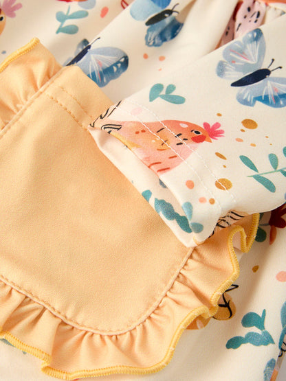 Charming Chicken & Butterfly Girls Dress with Cute Ruffled Pockets