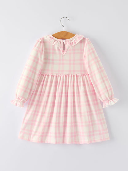 Pink Plaid Ruffle Ballet Shoe Embroidery Long Sleeve Dress