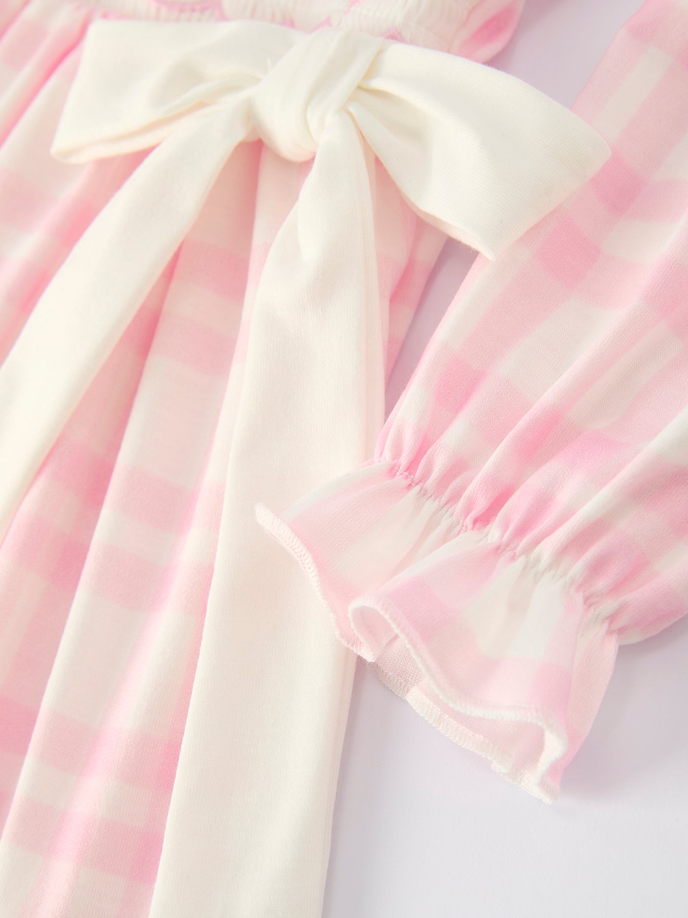 Pink Plaid Ruffle Ballet Shoe Embroidery Long Sleeve Dress