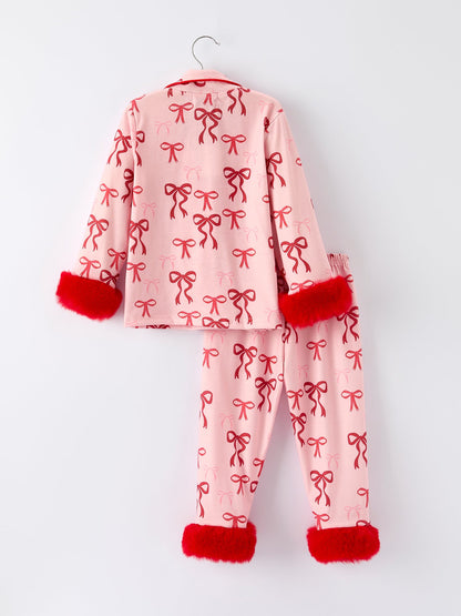 Bow Girls Pajama Set with Furry Trim