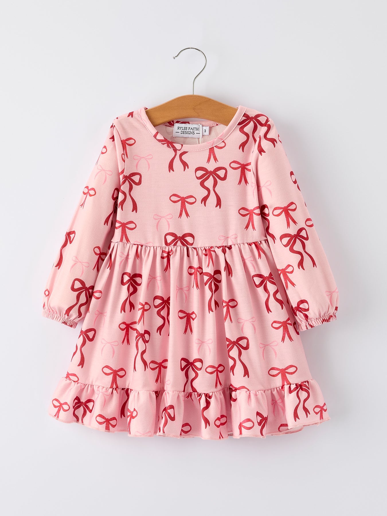 Pink Bow Print Girls Dress with Ruffle Hem