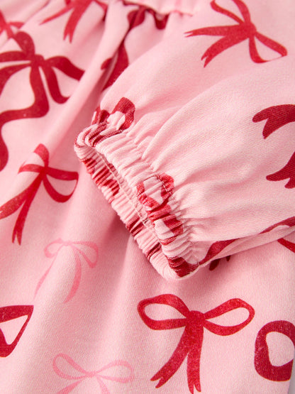 Pink Bow Print Girls Dress with Ruffle Hem