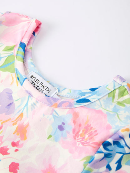 Spring and Autumn Floral Print Girl Dress with Long Sleeves