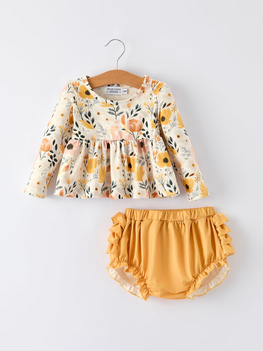 Floral Print Baby Girls Long Sleeve Top with Ruffle Bloomers Set