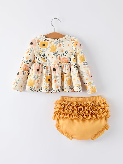Floral Print Baby Girls Long Sleeve Top with Ruffle Bloomers Set