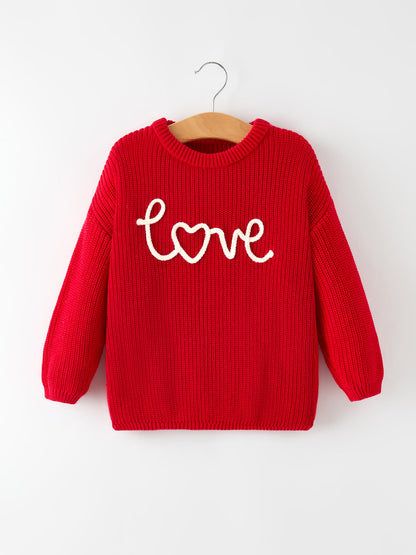 Valentine’s Day Girls Red Knit Sweater – "Love" Heart Embroidery Long Sleeve Pullover