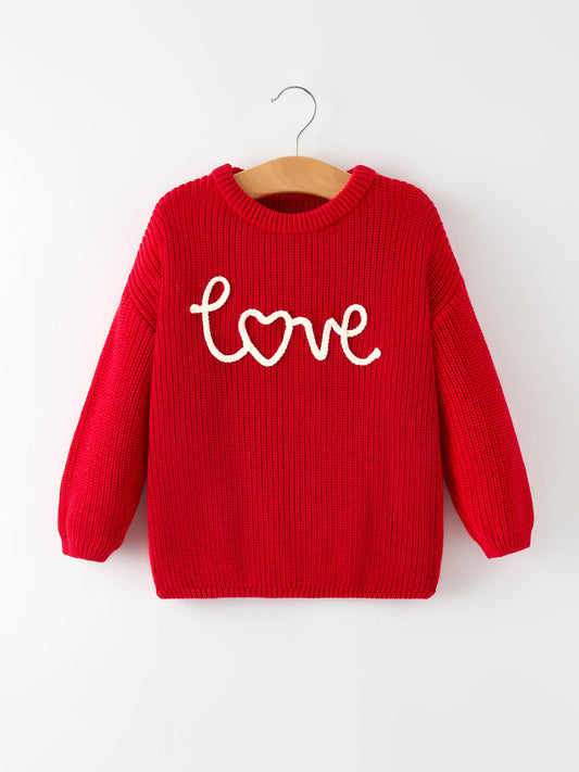 Valentine’s Day Girls Red Knit Sweater – "Love" Heart Embroidery Long Sleeve Pullover