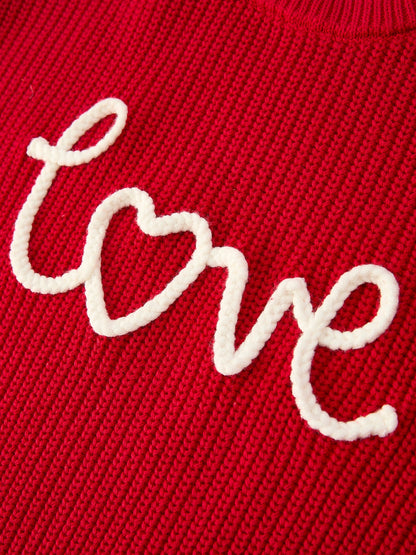 Valentine’s Day Girls Red Knit Sweater – "Love" Heart Embroidery Long Sleeve Pullover