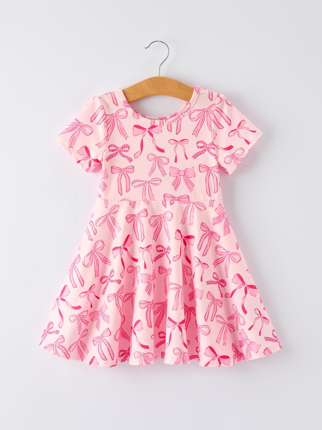 Girls Pink Dress with Bow Pattern - Cute Short Sleeve Outfit