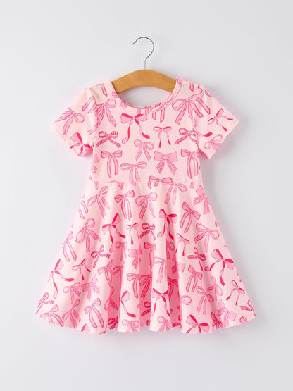 Girls Pink Dress with Bow Pattern - Cute Short Sleeve Outfit
