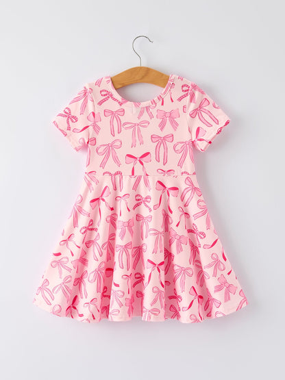 Girls Pink Dress with Bow Pattern - Cute Short Sleeve Outfit