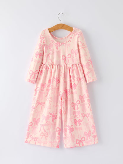 Girls Pink Bow Print Long Sleeve Jumpsuit