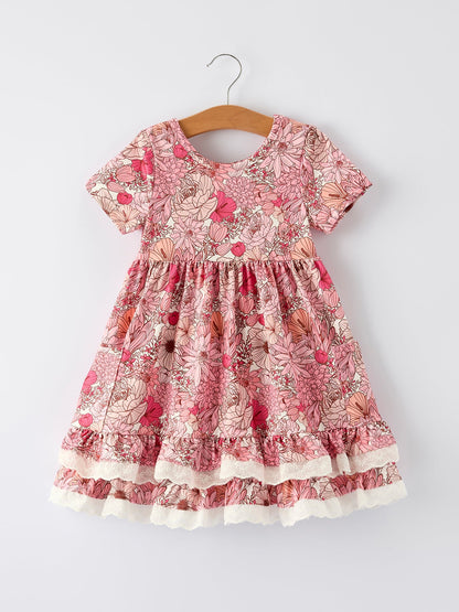 Fall Sweet Floral Pattern Dress with Pockets and Ruffle Hem for Girls