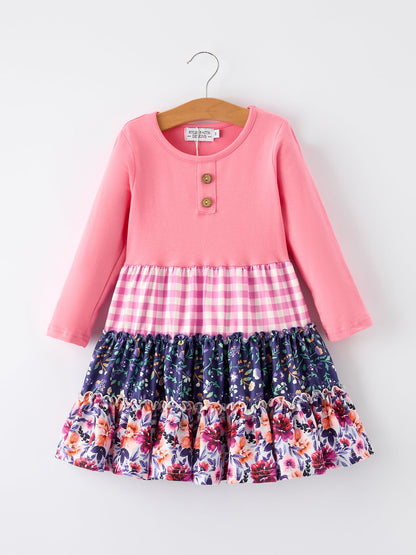 Pink Autumn Patchwork Floral & Plaid Long Sleeve Girls Dress