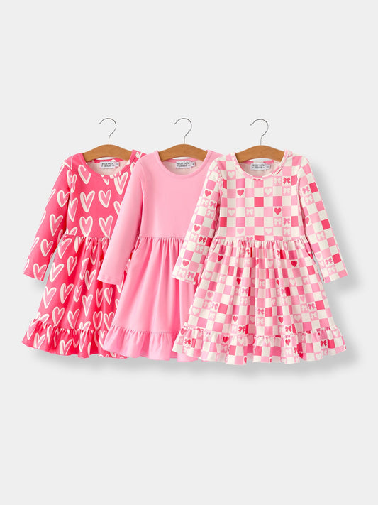 Valentine’s Day Girls Dress Bundle – Sweetheart Heart Print, Solid Pink, Checker Bow Design