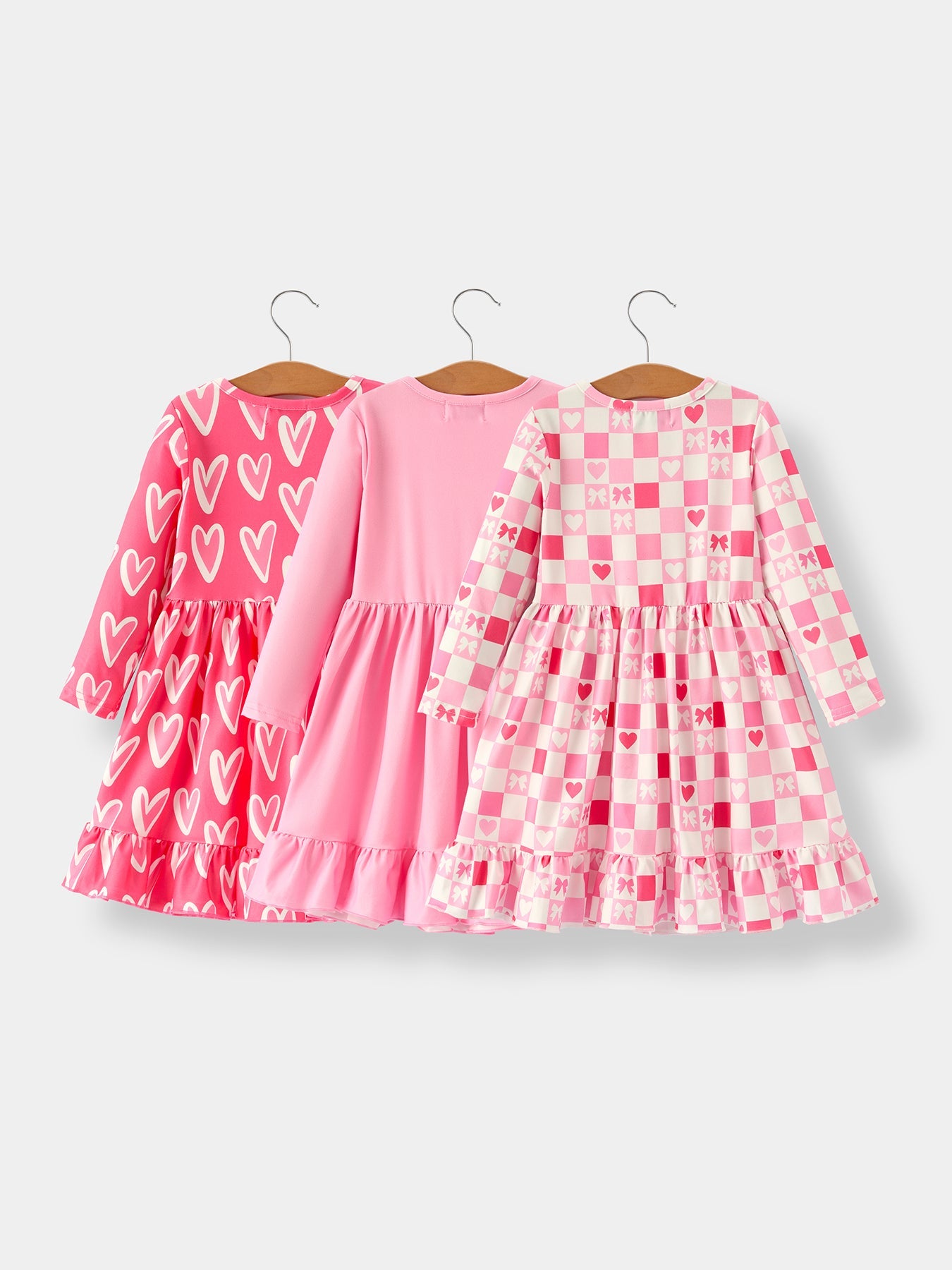 Valentine’s Day Girls Dress Bundle – Sweetheart Heart Print, Solid Pink, Checker Bow Design