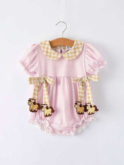 Farm Horse Bow Baby Girls Romper – Pink Plaid