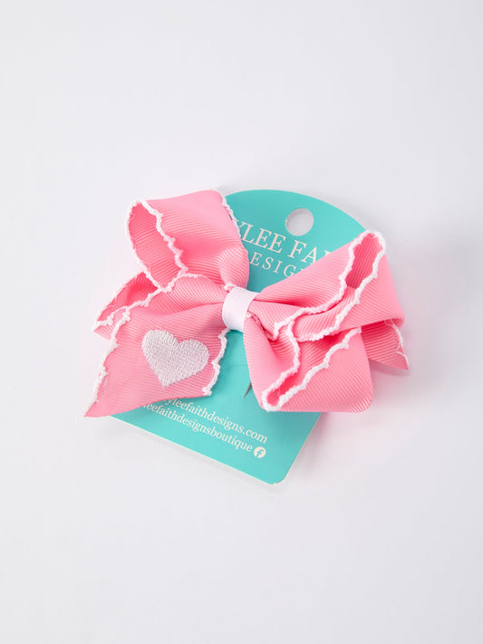 Valentine Cute Pink Bow Hair Clip with White Heart Embroidery for Girls