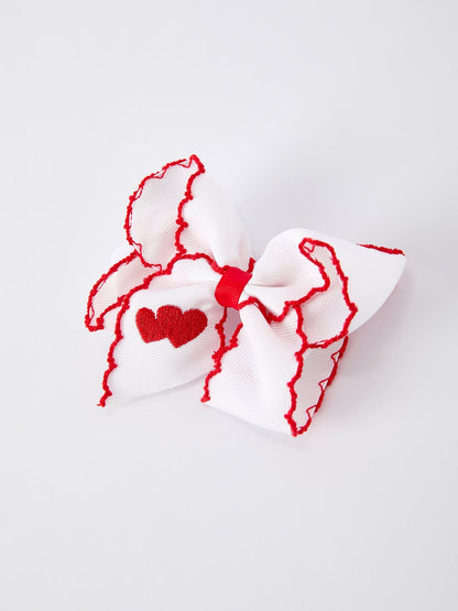 Valentine’s Hair Bow – White Ribbon with Red Heart Embroidery